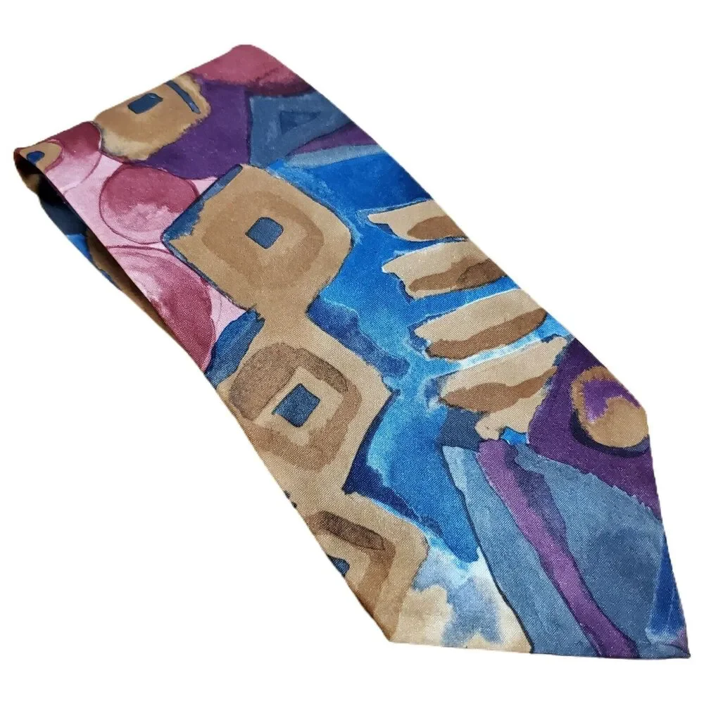 VTG Mens Artsy Tie 90s Watercolor Art Teacher Abstract Geometric Bold Statement